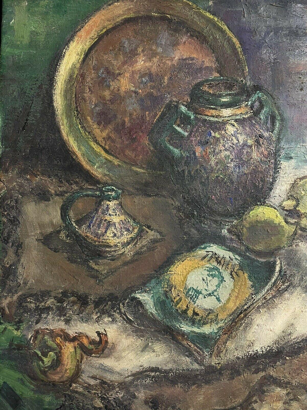 1940's French Still Life Post-Impressionist Signed Oil Still Life Lemons etc - Gray Still-Life Painting by Unknown