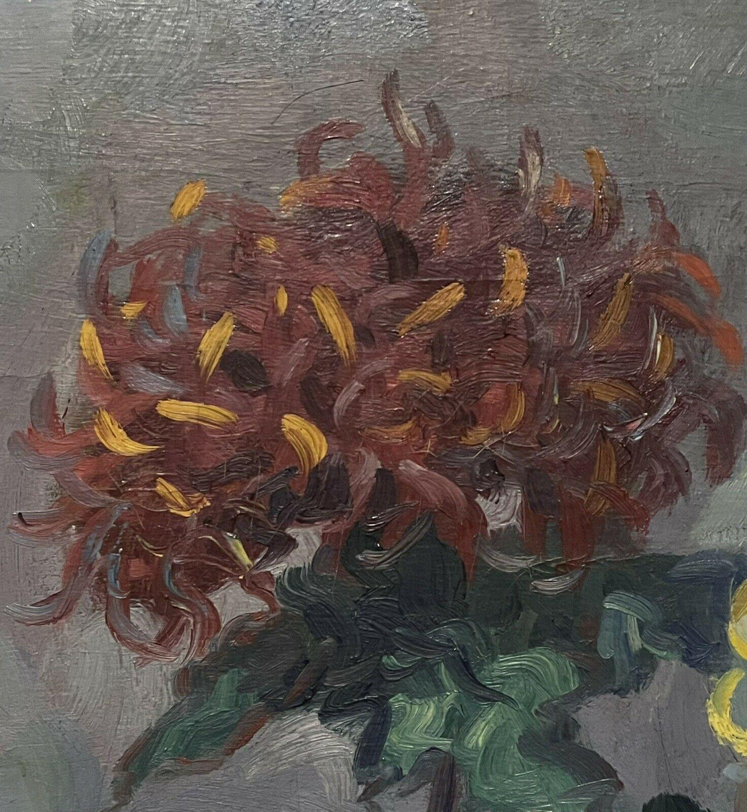 1920's French Impressionist Signed Oil Vibrant Still Life Flowers in Vase - Gray Still-Life Painting by Unknown