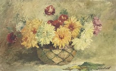 LARGE 1940s FRENCH VINTAGE STILL LIFE OIL PAINTING - SHABBY CHIC FLOWERS IN BOWL