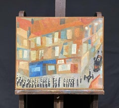 Figures In Abstract Orange Cubist Town French Oil Painting