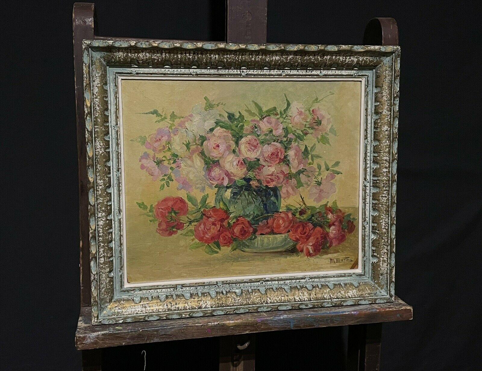 Vintage French Impressionist Signed Oil Shabby Chic Roses Flowers in Vase - Painting by Unknown