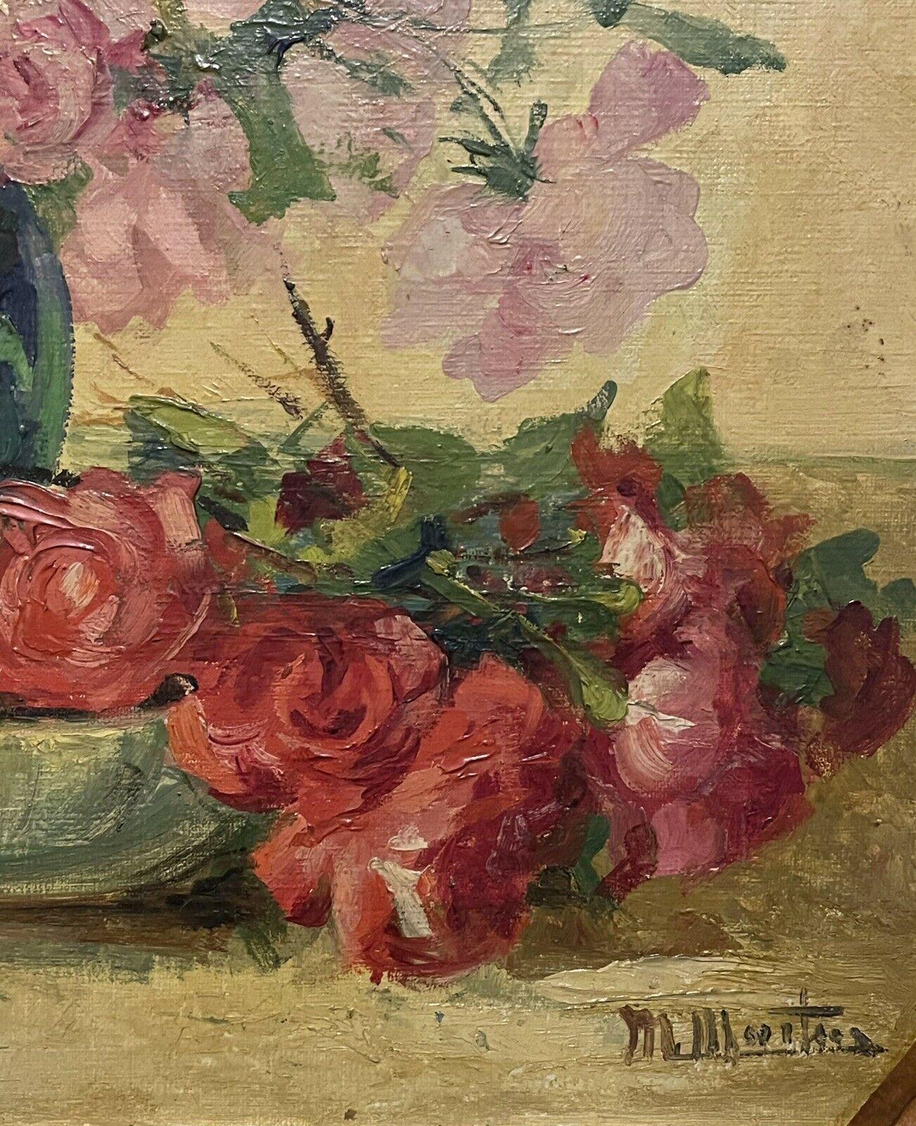 Vintage French Impressionist Signed Oil Shabby Chic Roses Flowers in Vase - Brown Interior Painting by Unknown