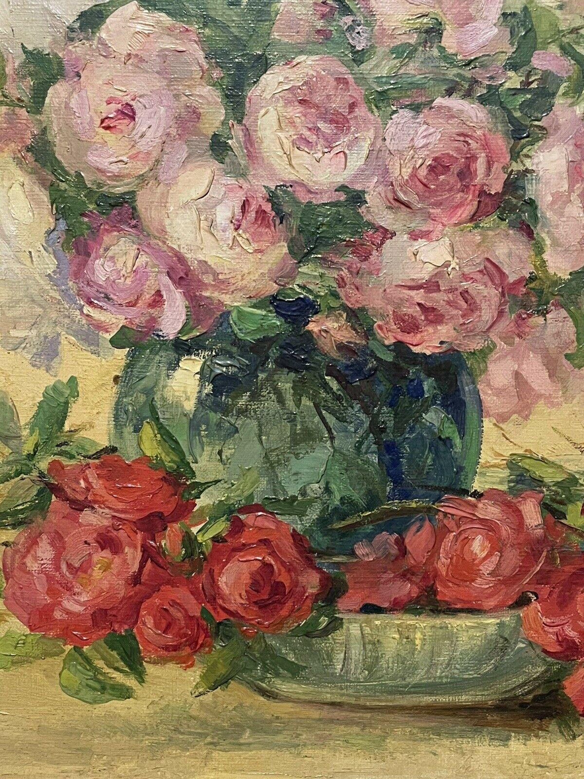 Artist/ School:  French School, mid 20th century, indistinctly signed

Title: vintage still life of roses in a bowl, in original 'shabby chic' frame

Medium:  oil painting on board, framed

Size:       frame: 19.25 x 22.25 inches
           