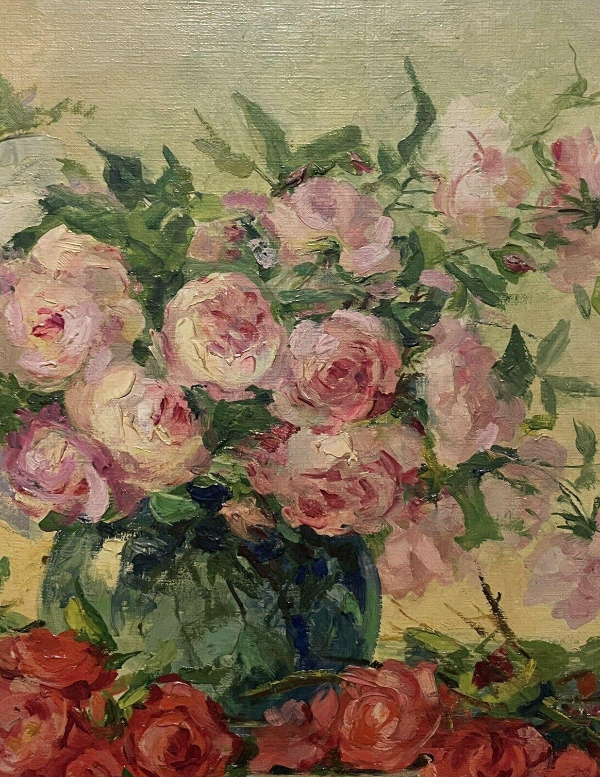Vintage French Impressionist Signed Oil Shabby Chic Roses Flowers in Vase 1