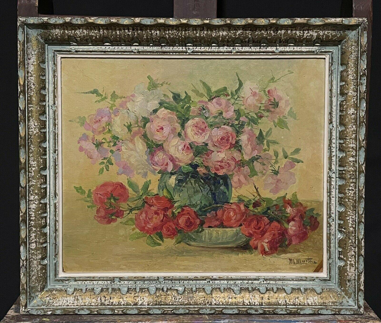 Unknown Interior Painting - Vintage French Impressionist Signed Oil Shabby Chic Roses Flowers in Vase