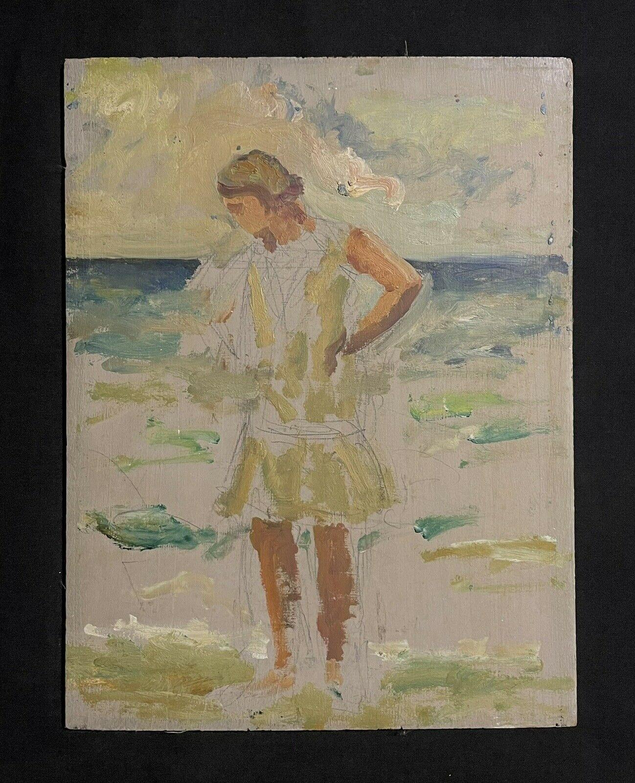 1920's French Impressionist Oil Sketch Young Lady Standing in the Sea - Painting by Unknown