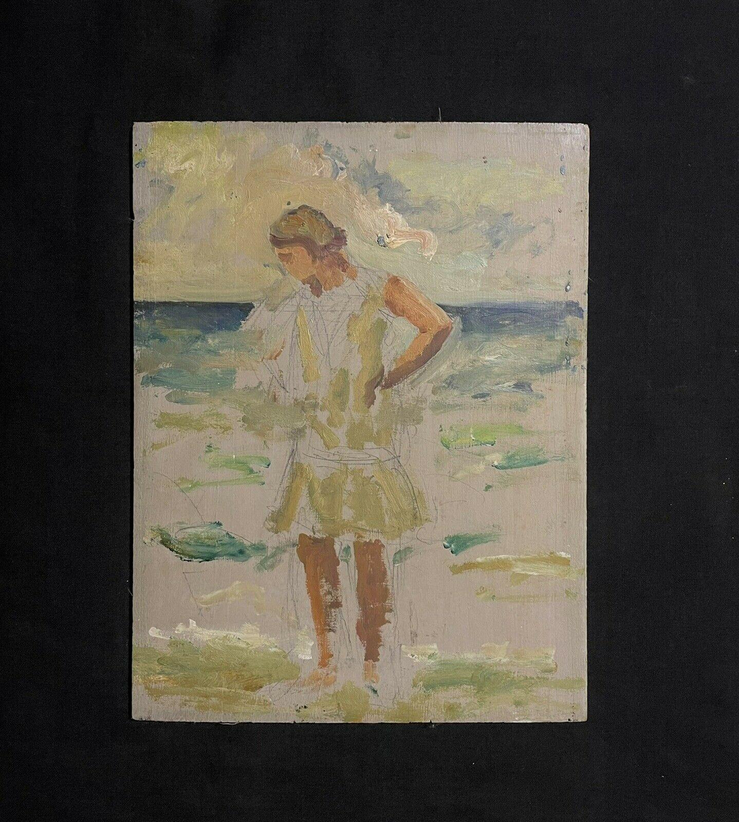 1920's French Impressionist Oil Sketch Young Lady Standing in the Sea - Brown Figurative Painting by Unknown
