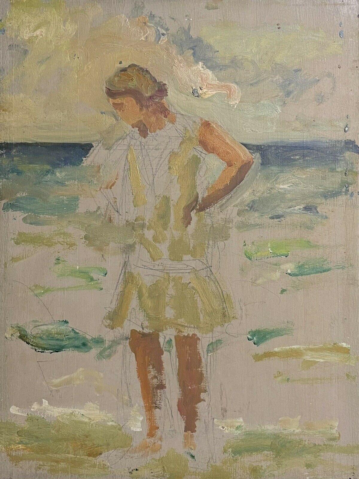 Unknown Figurative Painting - 1920's French Impressionist Oil Sketch Young Lady Standing in the Sea
