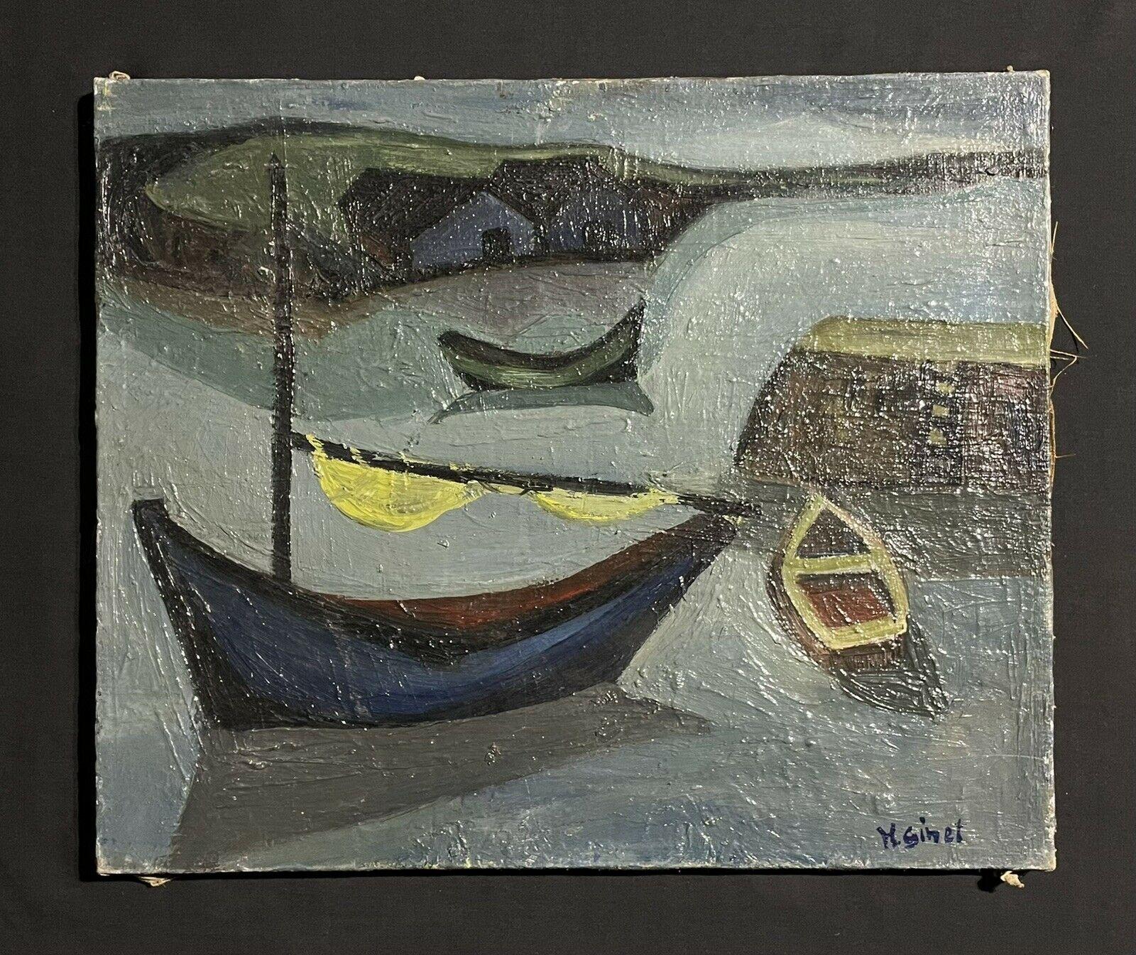 1950's French Mid 20th Century Signed Modernist Oil Boats in a Harbour - Painting by Unknown