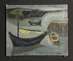 1950's French Mid 20th Century Signed Modernist Oil Boats in a Harbour