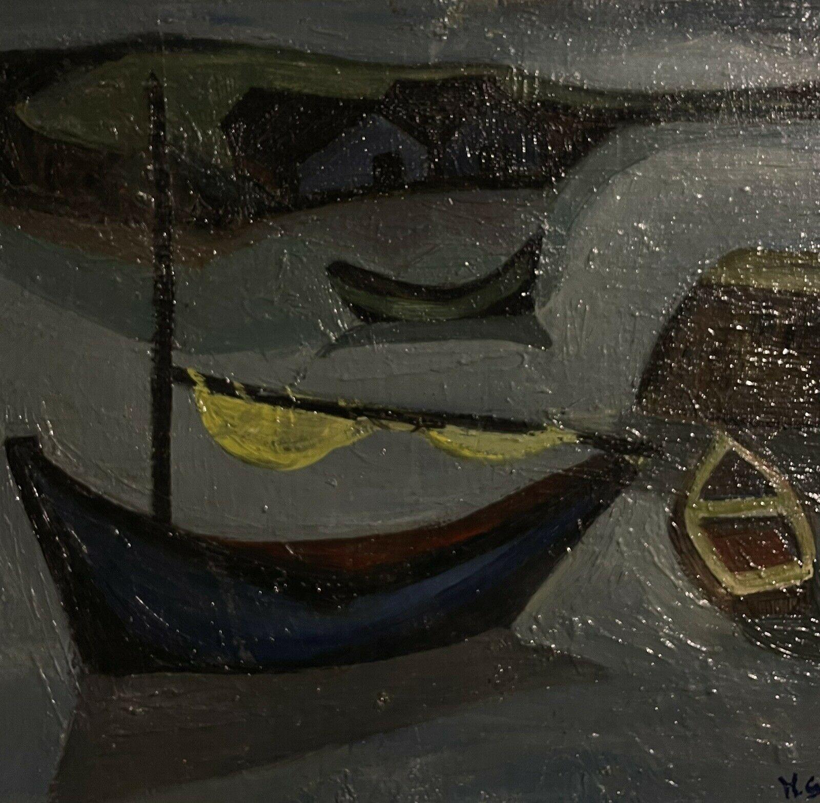 1950's French Mid 20th Century Signed Modernist Oil Boats in a Harbour - Gray Landscape Painting by Unknown
