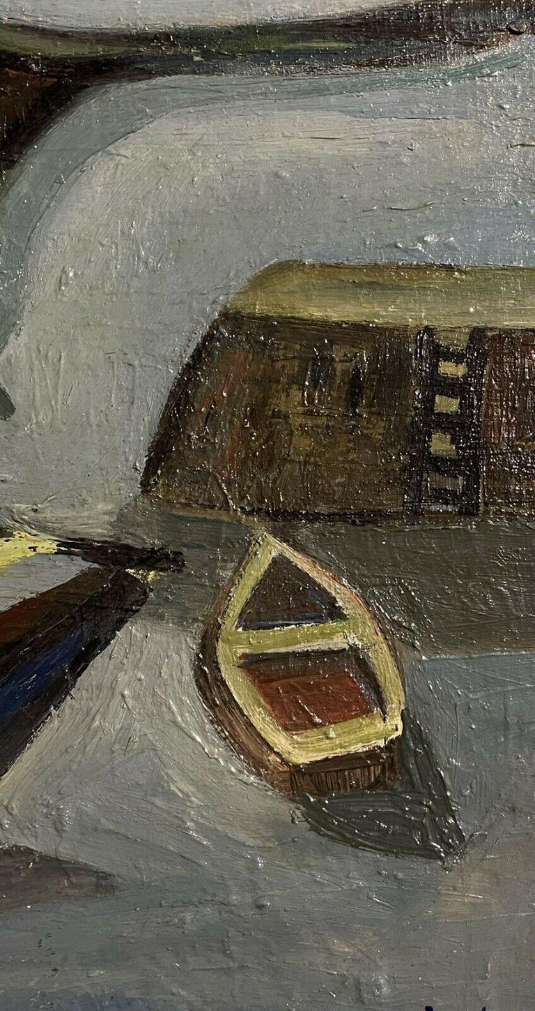 Artist/ School: Ginet-Lasnier (French 20th century), signed, circa 1950's

Title: Mid 20th century modernist oil of boats in a harbour. 

Medium:  signed oil painting on canvas, unframed.

canvas: 15 x 18 inches

Provenance: private collection,