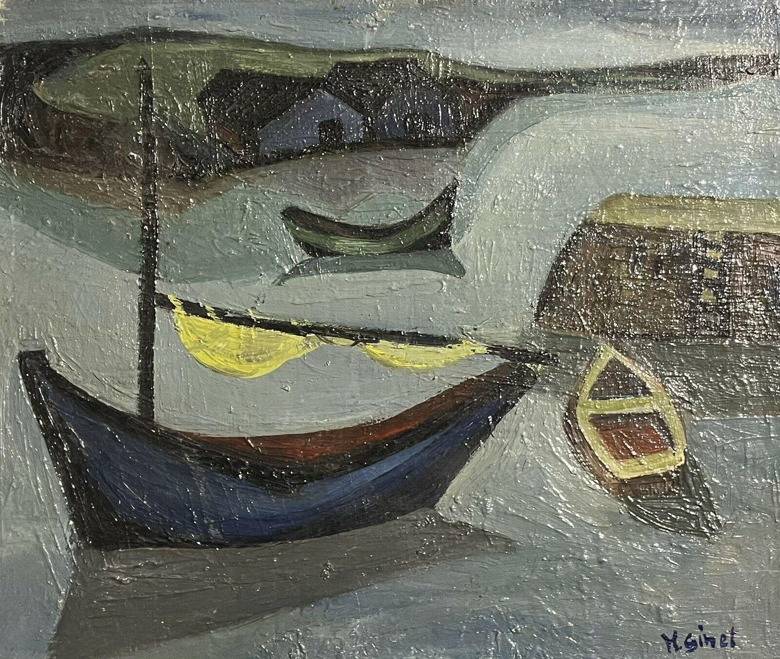 Unknown Landscape Painting - 1950's French Mid 20th Century Signed Modernist Oil Boats in a Harbour