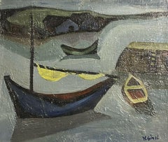 1950's French Mid 20th Century Signed Modernist Oil Boats in a Harbour