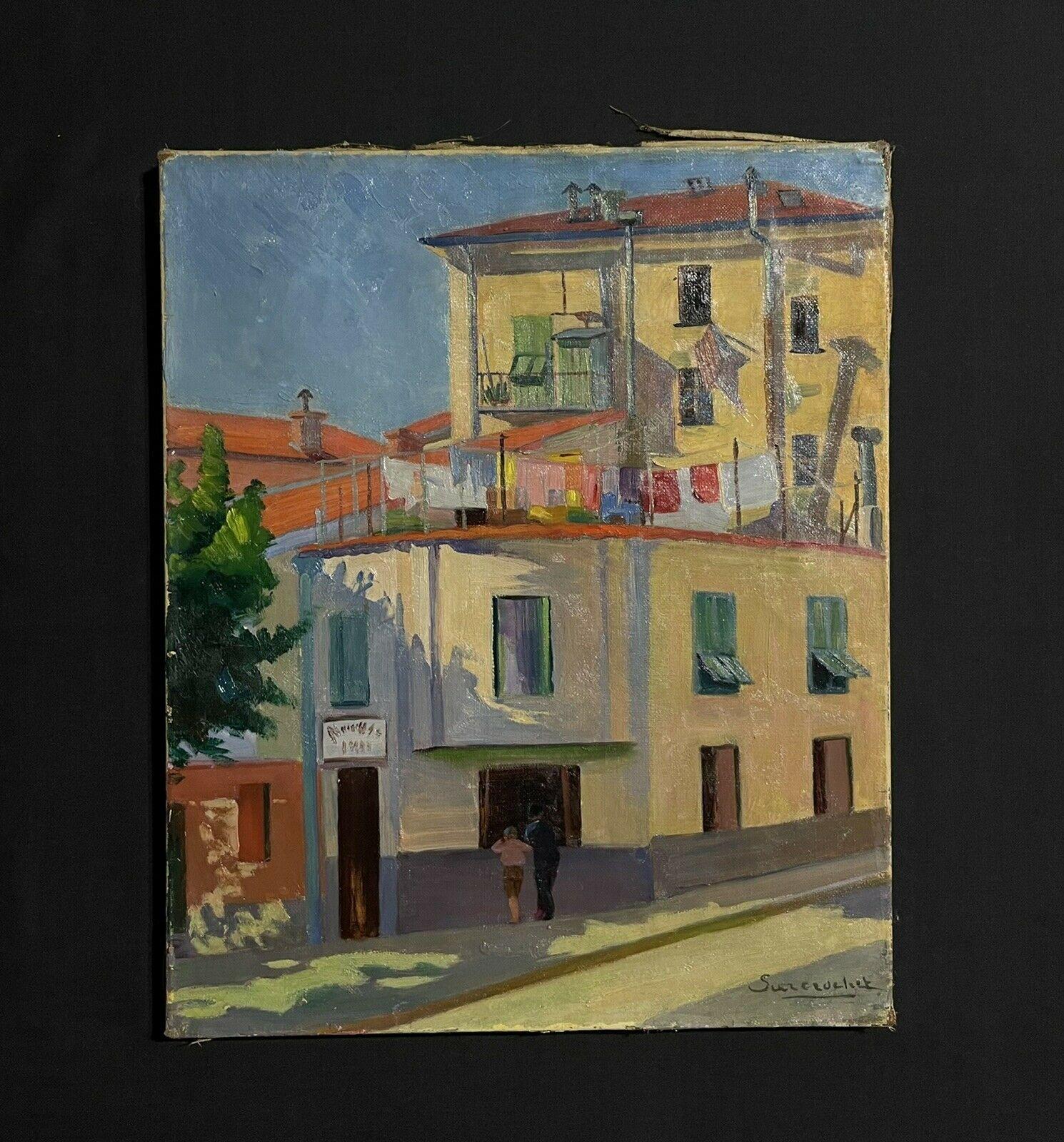 Französische modernistische Ölfiguren aus den 1950er Jahren in der Sunny Street und Gebäuden, signiert – Painting von Unknown