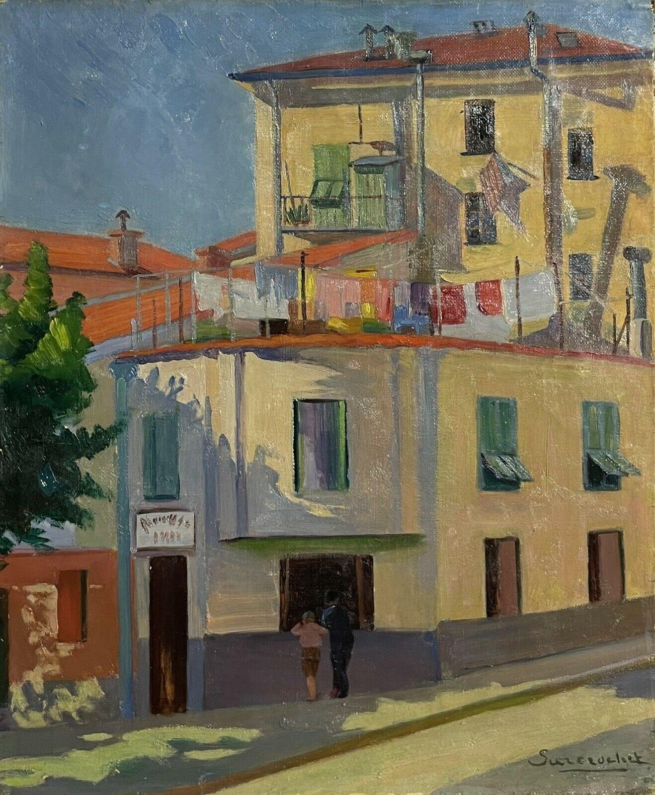 Unknown Landscape Painting – Französische modernistische Ölfiguren aus den 1950er Jahren in der Sunny Street und Gebäuden, signiert