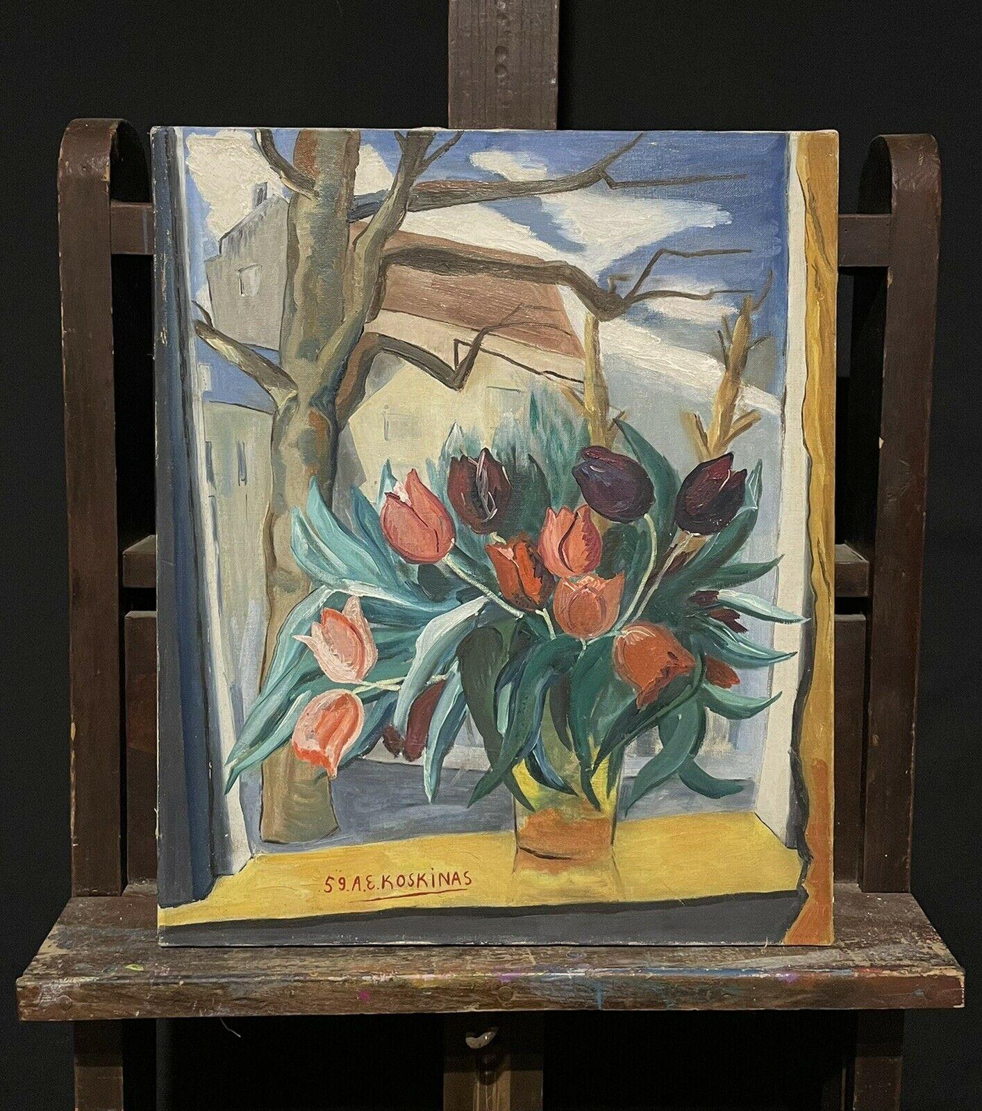 Huile sur toile signée par le moderniste français des années 1950 représentant des tulipes dans un vase à vue de fenêtre - Painting de Unknown
