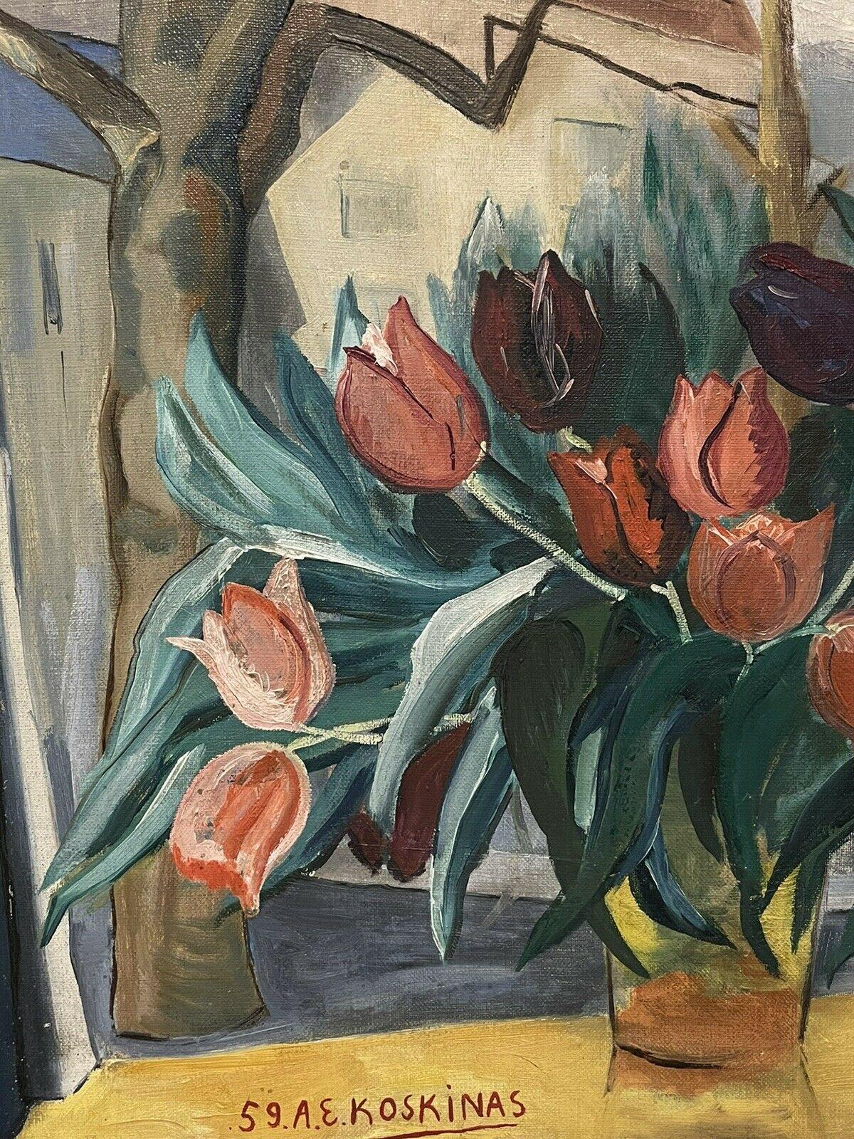Huile sur toile signée par le moderniste français des années 1950 représentant des tulipes dans un vase à vue de fenêtre - Impressionnisme Painting par Unknown