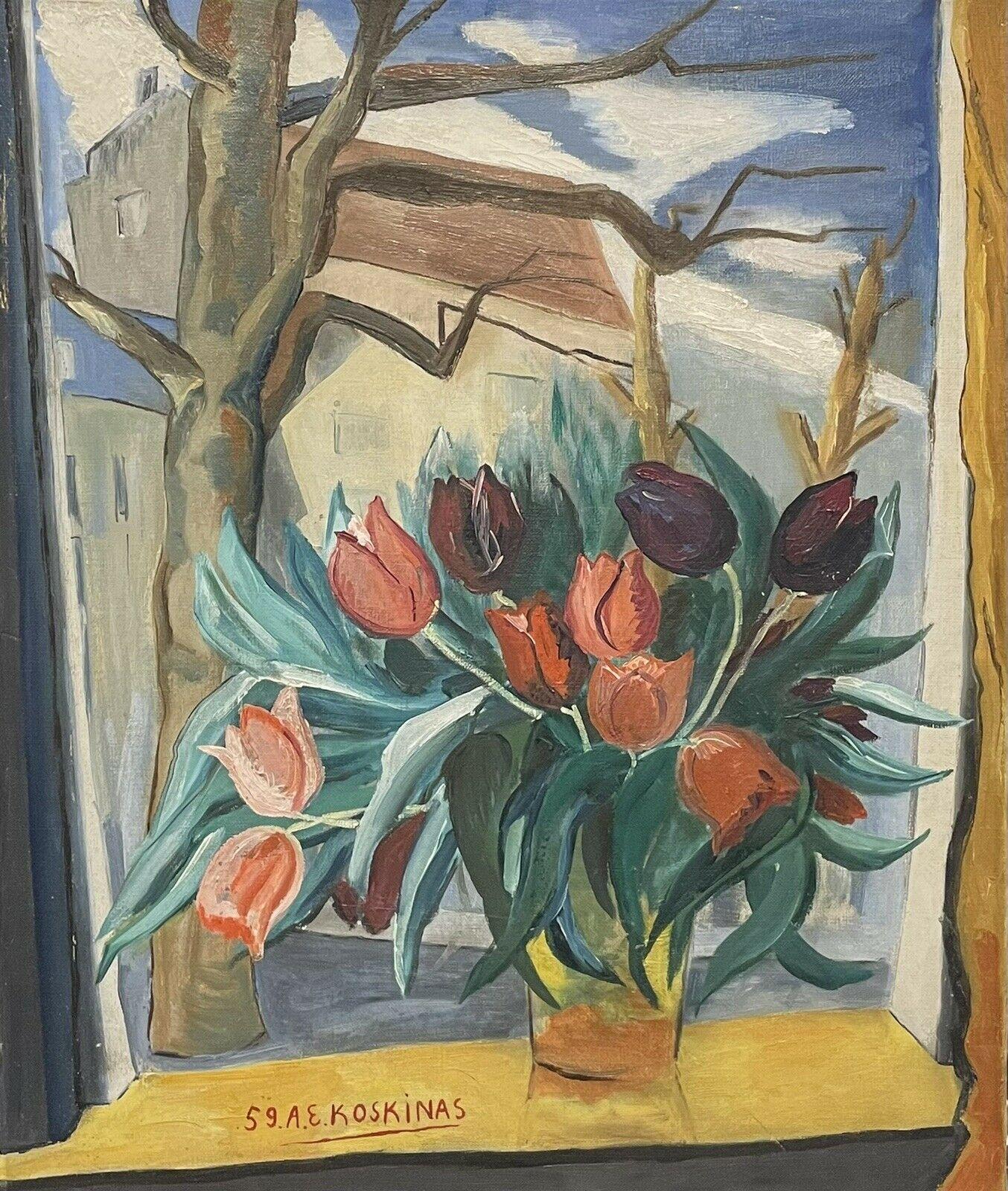 Still-Life Painting Unknown - Huile sur toile signée par le moderniste français des années 1950 représentant des tulipes dans un vase à vue de fenêtre