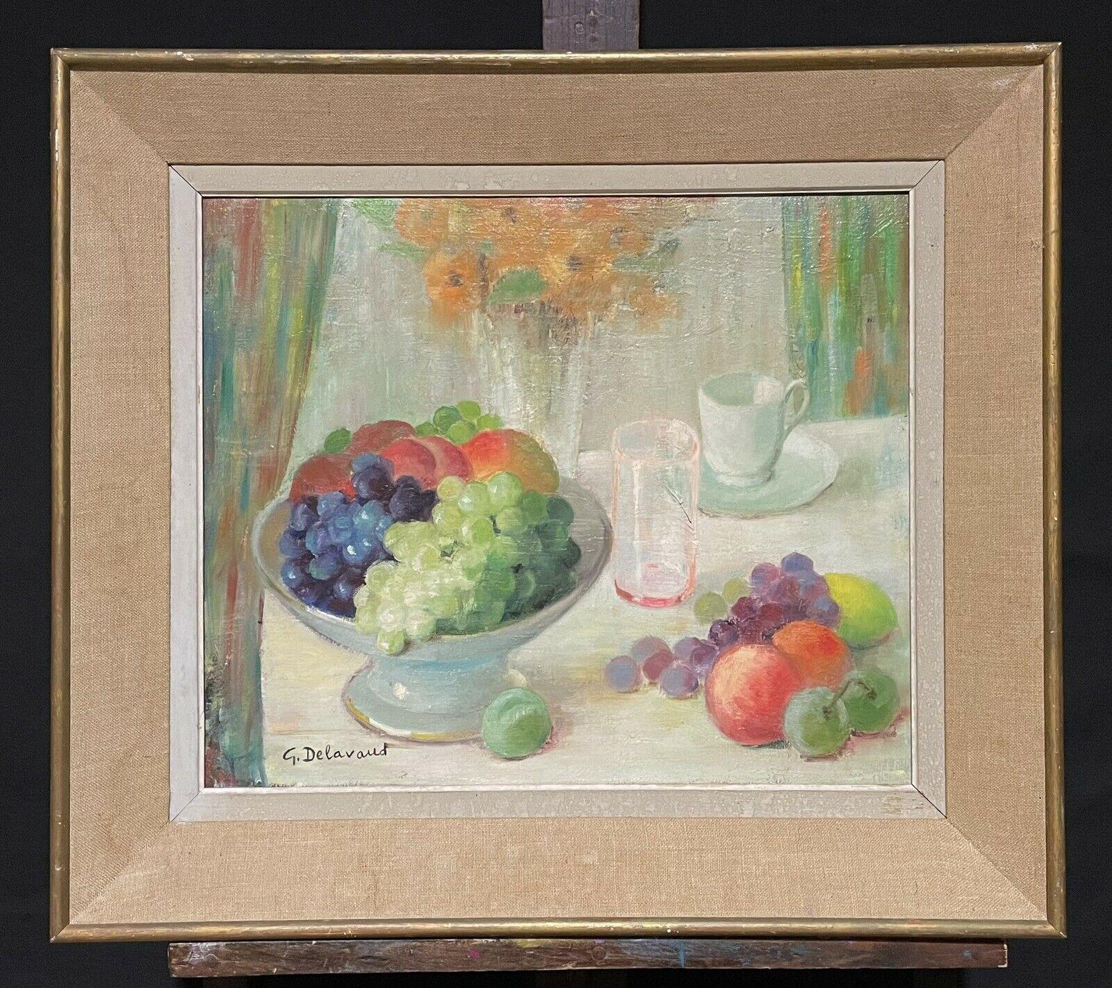 1960's French Still Life Signed Oil Fruit Bowl on Table Cup & Saucer Framed - Painting by Unknown