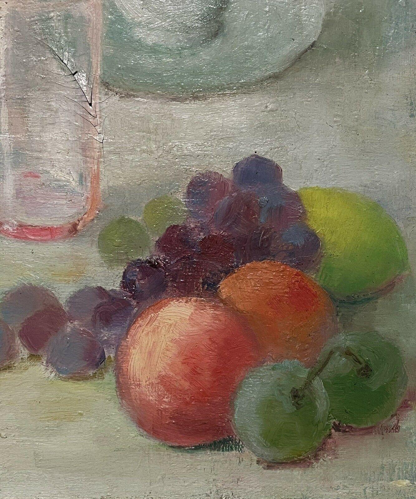 1960's French Still Life Signed Oil Fruit Bowl on Table Cup & Saucer Framed - Modern Painting by Unknown