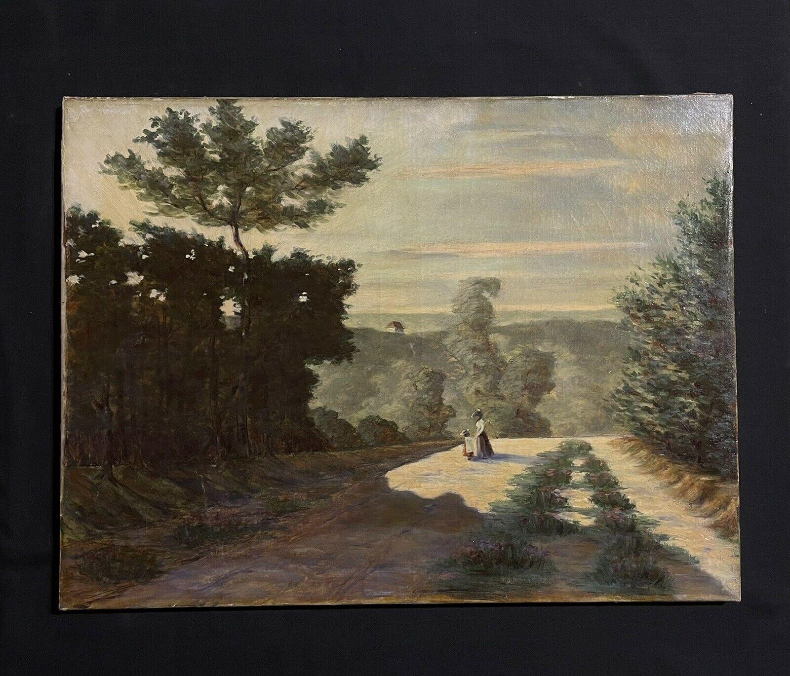 Antique French Impressionist Oil Mother & Child in Country Lane, Large Oil - Painting by Unknown