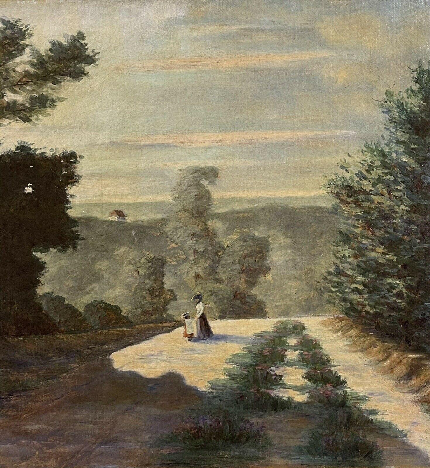 Artist/ School: French Impressionist school, late 19th century

Title: Mother & Child in a country lane

Medium:  oil painting on canvas, unframed

canvas: 18 x 24 inches

Provenance: private collection, France

Condition: The painting is in overall