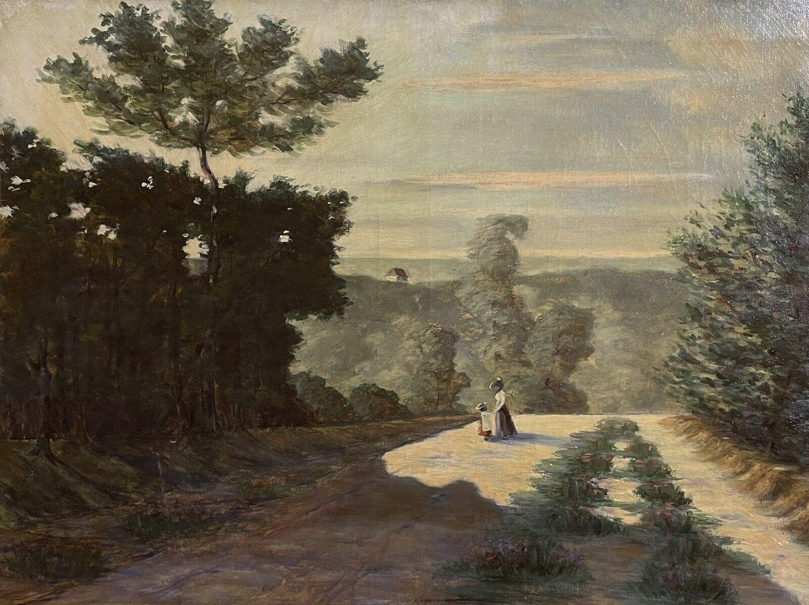 Unknown Landscape Painting - Antique French Impressionist Oil Mother & Child in Country Lane, Large Oil