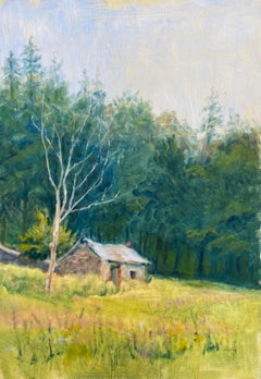 Vintage Barn in French Landscape, Impressionist Oil Painting