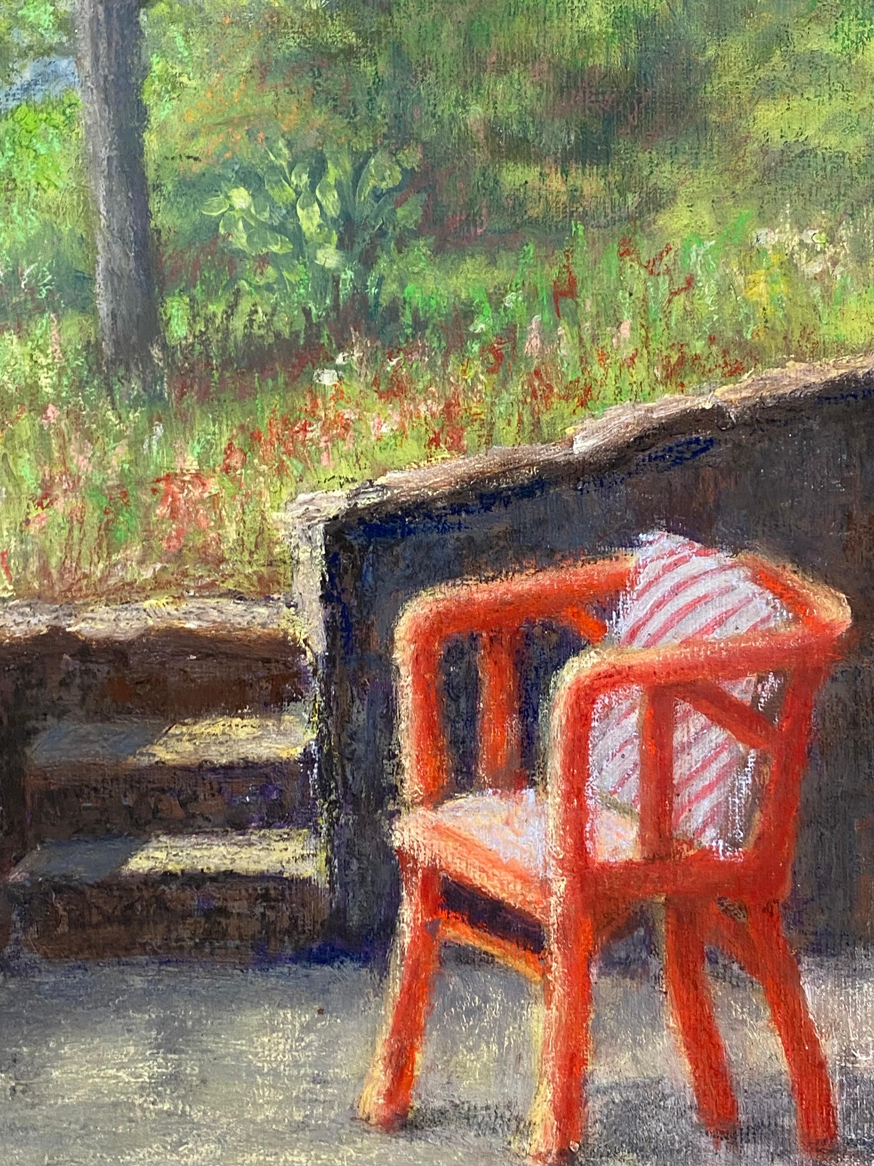 French Impressionist Oil Painting Garden Chair in Open Landscape - Brown Landscape Painting by Unknown