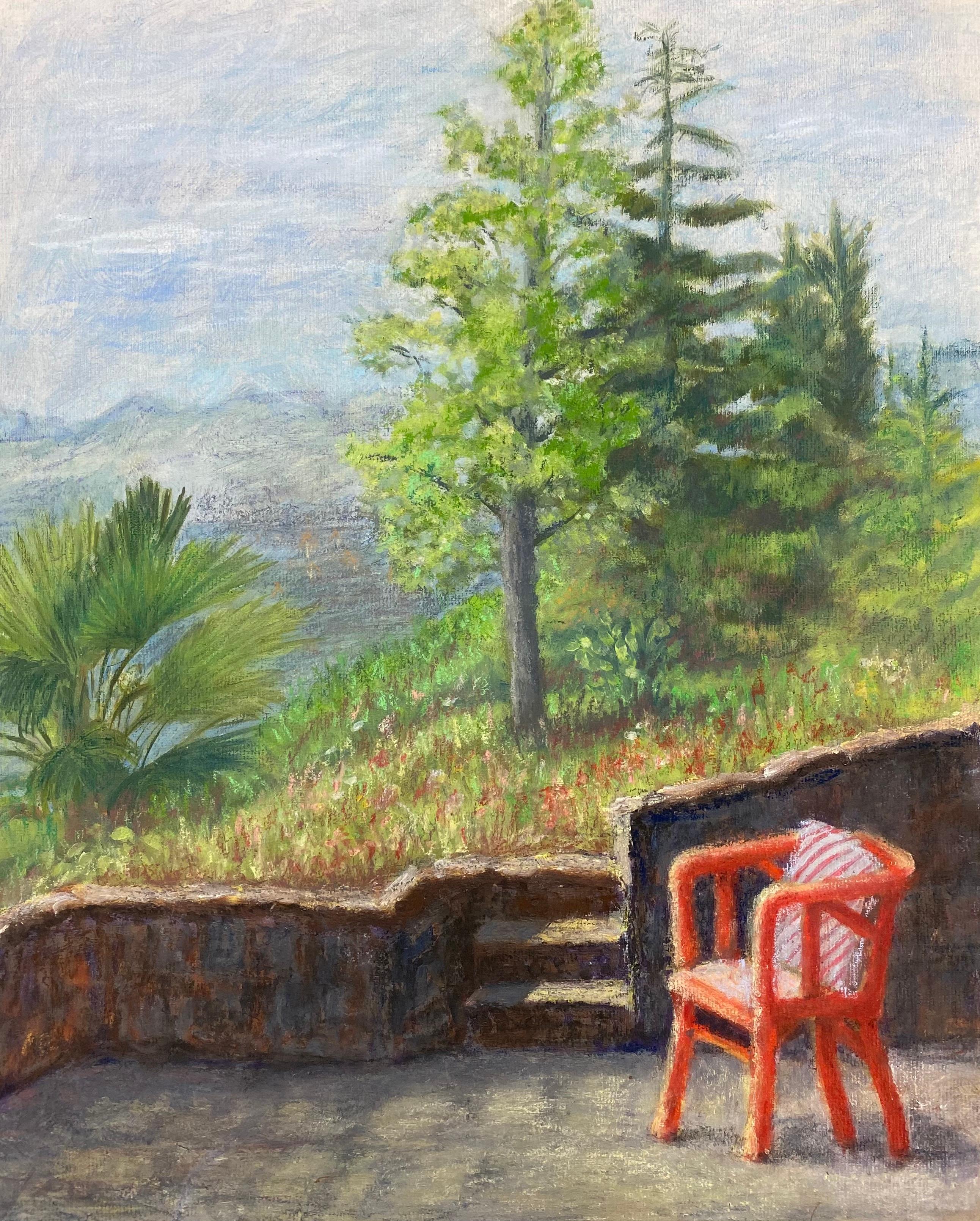 Unknown Landscape Painting - French Impressionist Oil Painting Garden Chair in Open Landscape