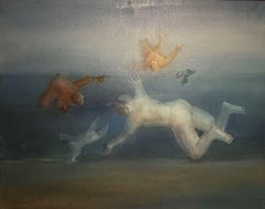 Enorme dipinto a olio surrealista francese con figure fluttuanti nel mare e nel cielo 1974, firmato
