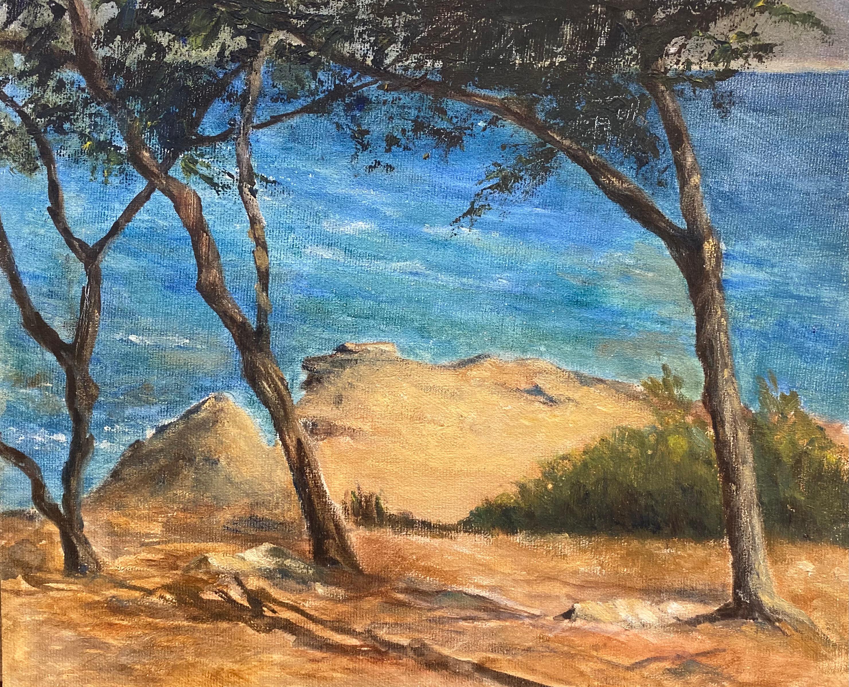 Unknown Landscape Painting - La Cote d'Azur, French Impressionist Oil Painting Beach Coastal Scene