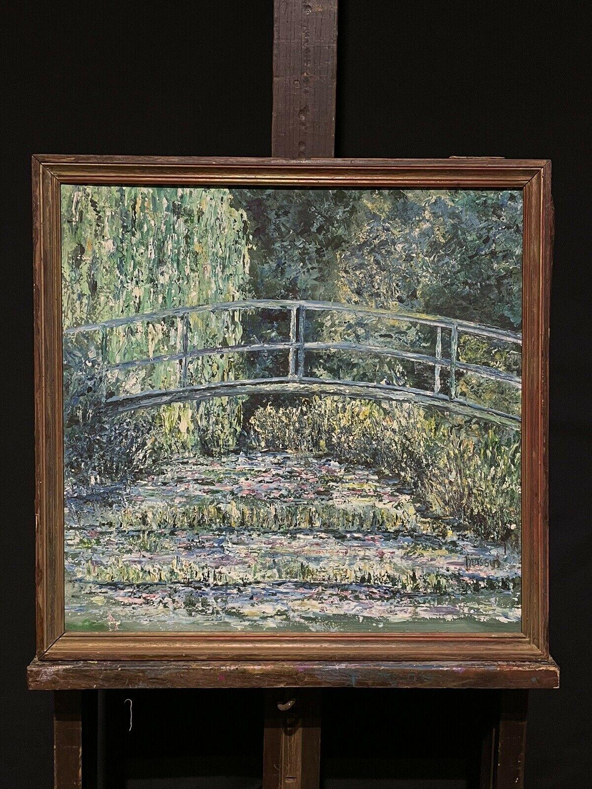 Monet's Waterlily Pond Giverny Japanese Bridge, Vintage French Impressionist Oil - Gray Still-Life Painting by Unknown