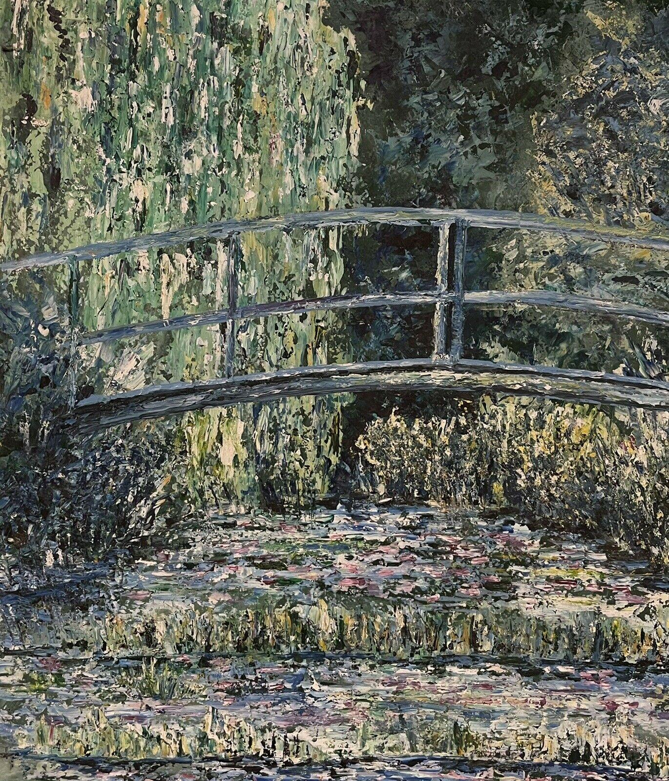 Artist/ School: French School, signed front and back, dated verso 1984. 

Title: Monet's Waterlily pond at Giverny, with the Japanese footbridge. 

Medium: signed oil painting on board, framed and inscribed verso.

Size:
           framed: 23.25 x
