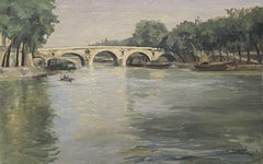 Pont Neuf Bridge River Seine Paris, Very large 1940's Signed French Oil Painting