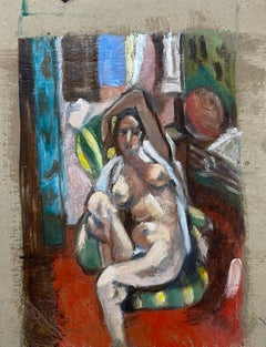 Vintage French Cubist Nude Oil Painting Figure in Interior Setting