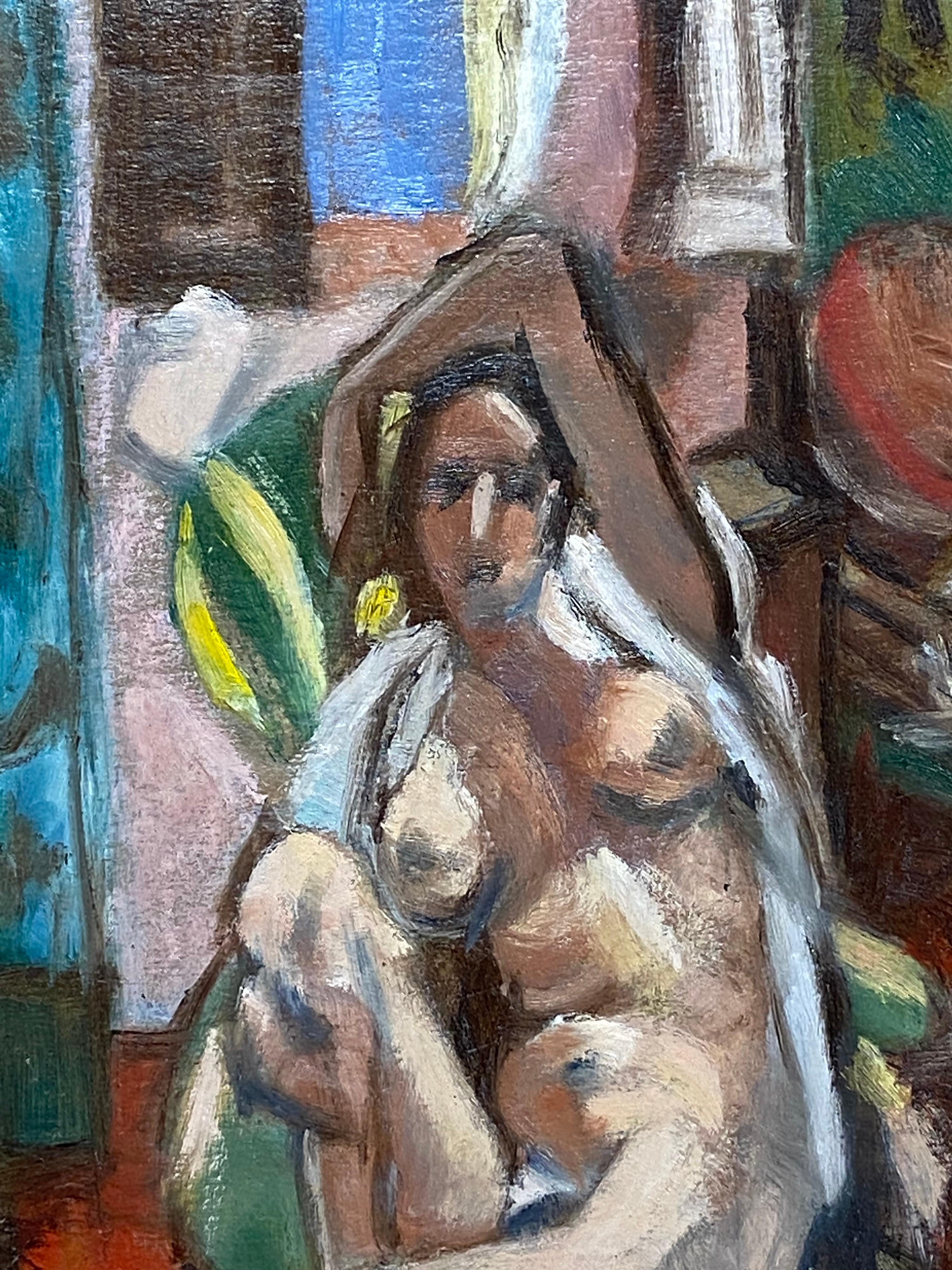 Figurative Painting de Unknown - Óleo Cubista Francés Vintage Desnudo Figura en Ambiente Interior