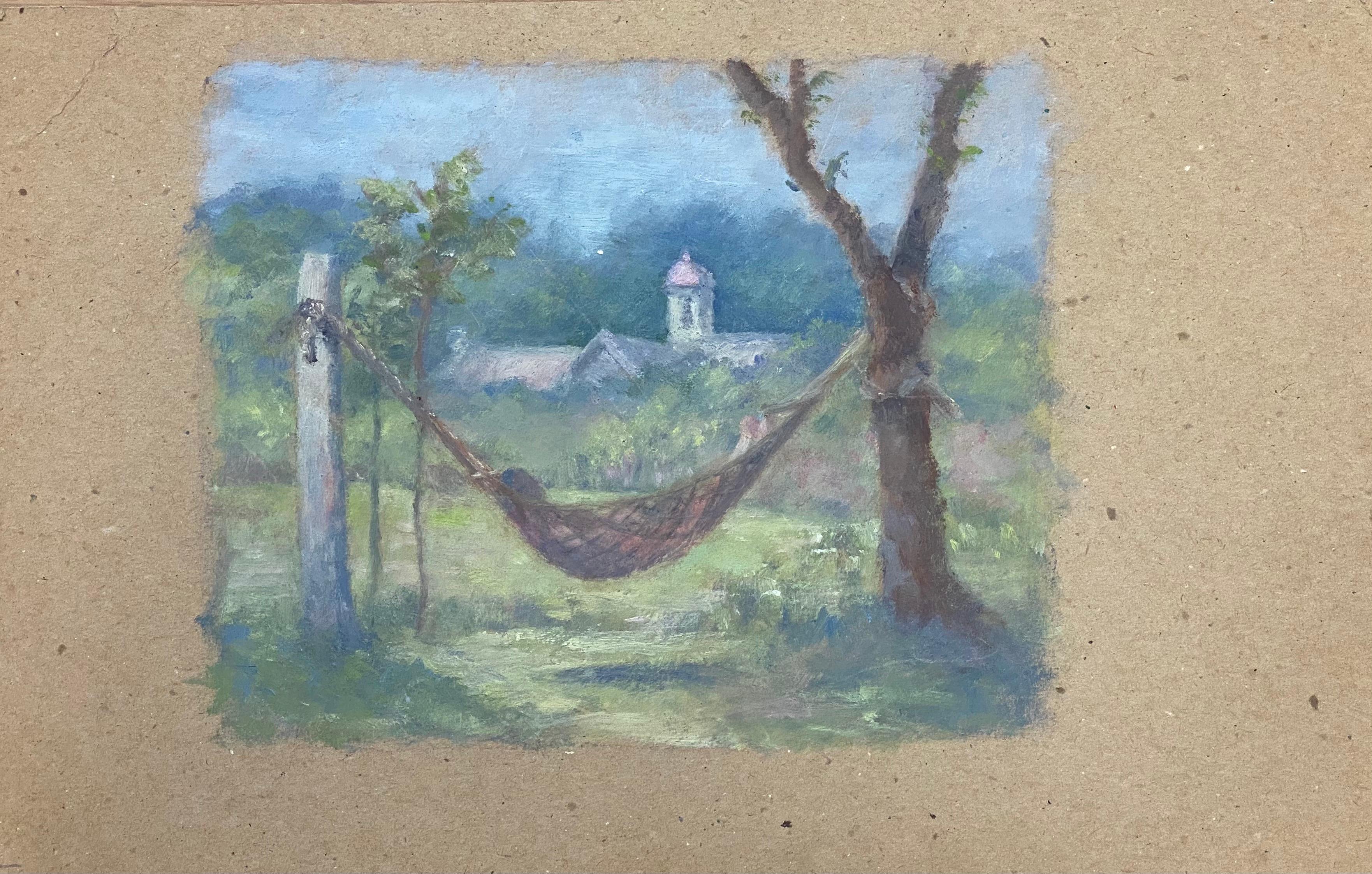 Vintage French Impressionist Oil Sketch, Figure in Garden Hammock - Painting by Unknown