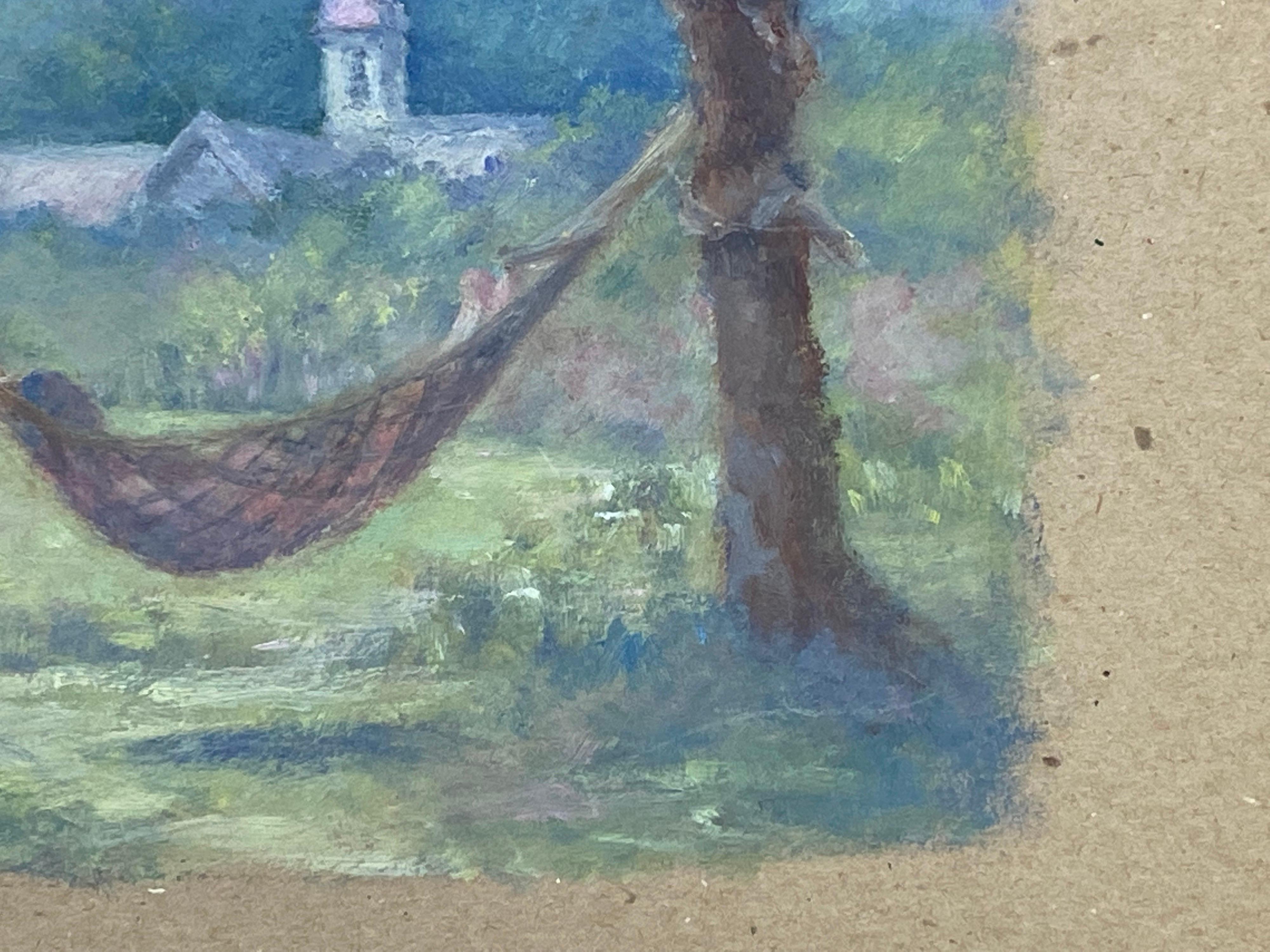 Dibujo al óleo impresionista francés vintage, Figura en hamaca de jardín - Landscape Painting Gris de Unknown