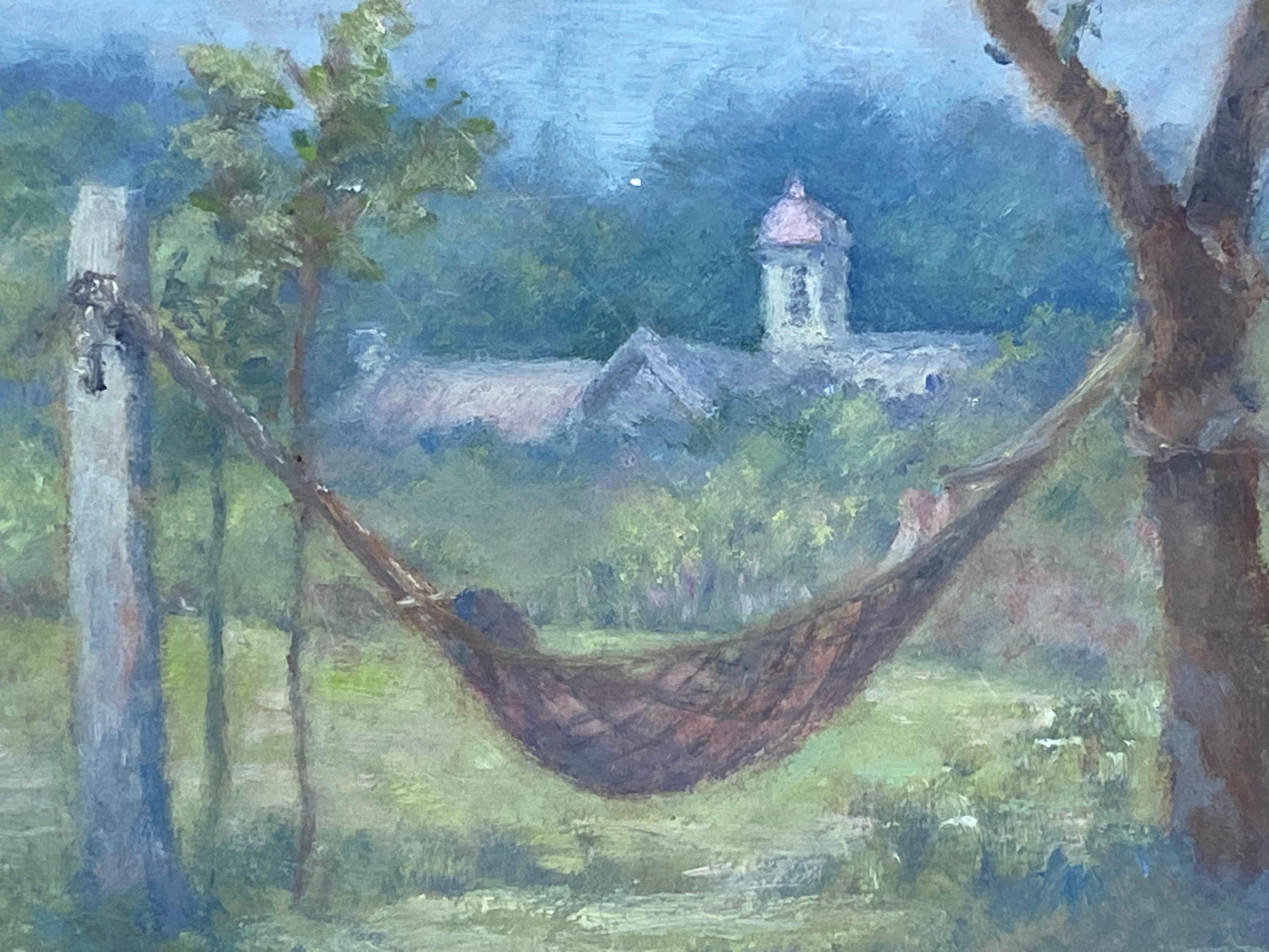 Unknown Landscape Painting - Vintage French Impressionist Oil Sketch, Figure in Garden Hammock