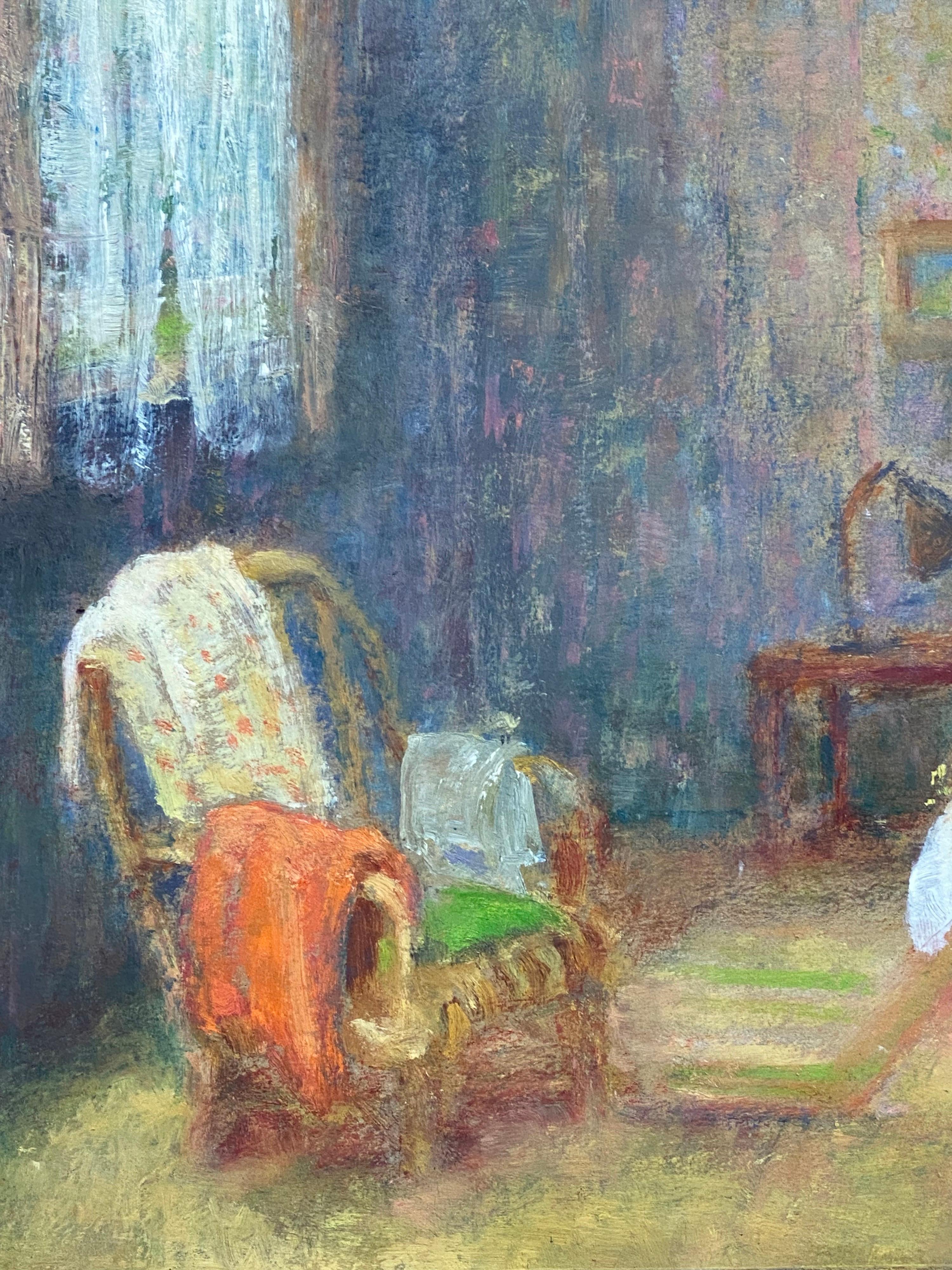 Vintage French Impressionist Painting Bedroom Interior Scene - Gray Interior Painting by Unknown