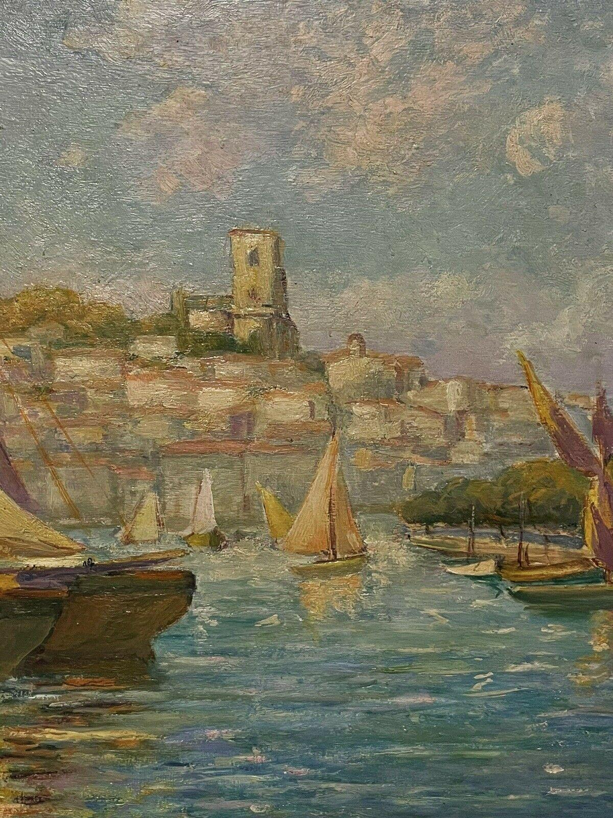 Vintage French Impressionist Signed Oil Sailing Boats in Marseilles Harbour - Gray Figurative Painting by Unknown