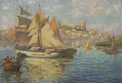 Vintage French Impressionist Signed Oil Sailing Boats in Marseilles Harbour