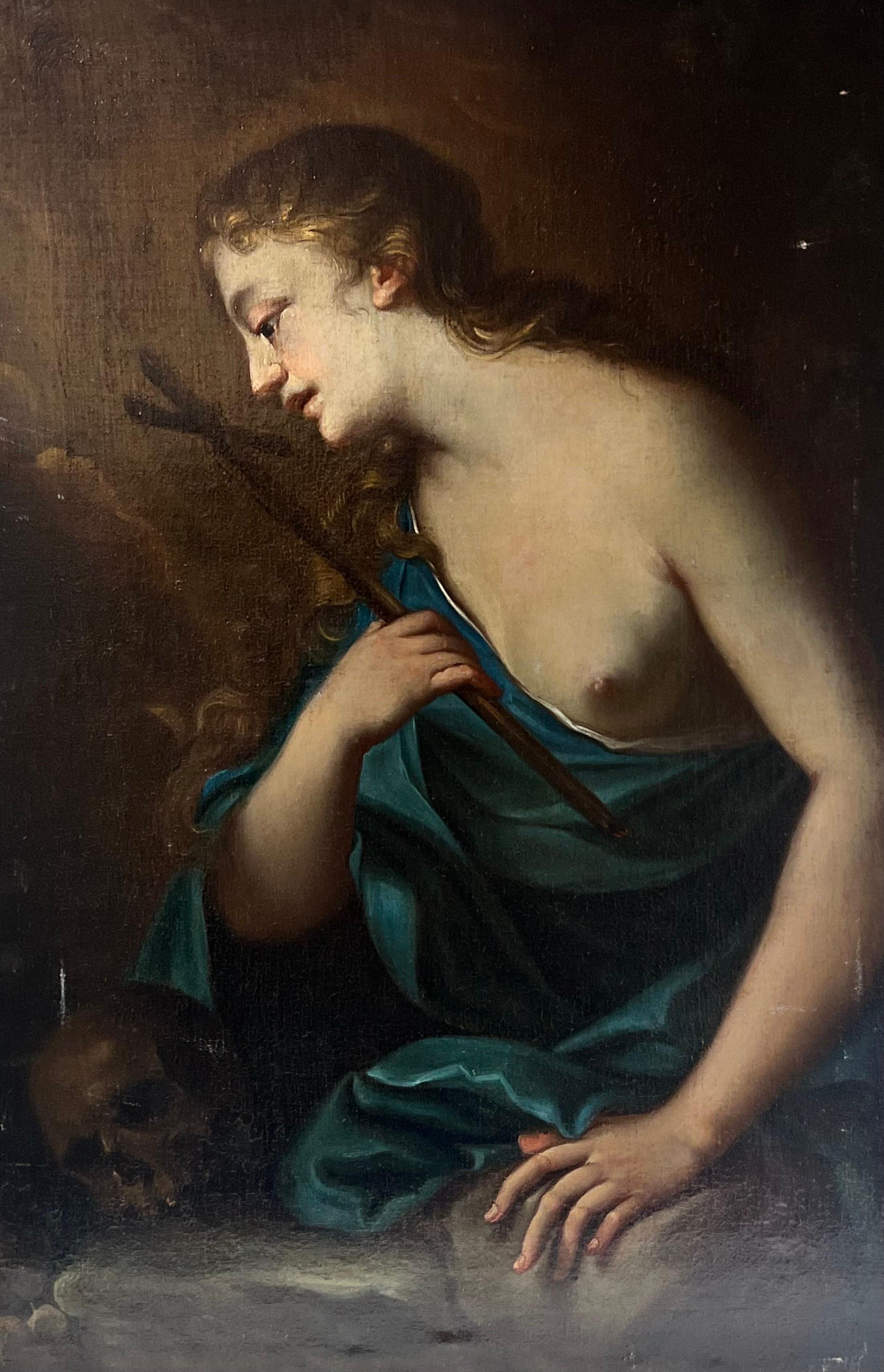 Peinture à l'huile Old Masterly française des années 1700 The Penitent Magdalene in the Wilderness (La Madeleine pénitente dans le désert)