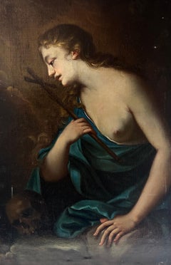 1700's French Old Master Oil Painting The Penitent Magdalene in the Wilderness