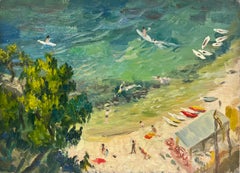Französisches impressionistisches Ölgemälde Kayaks auf Türkis und Strand aus den 1900er Jahren, datiert