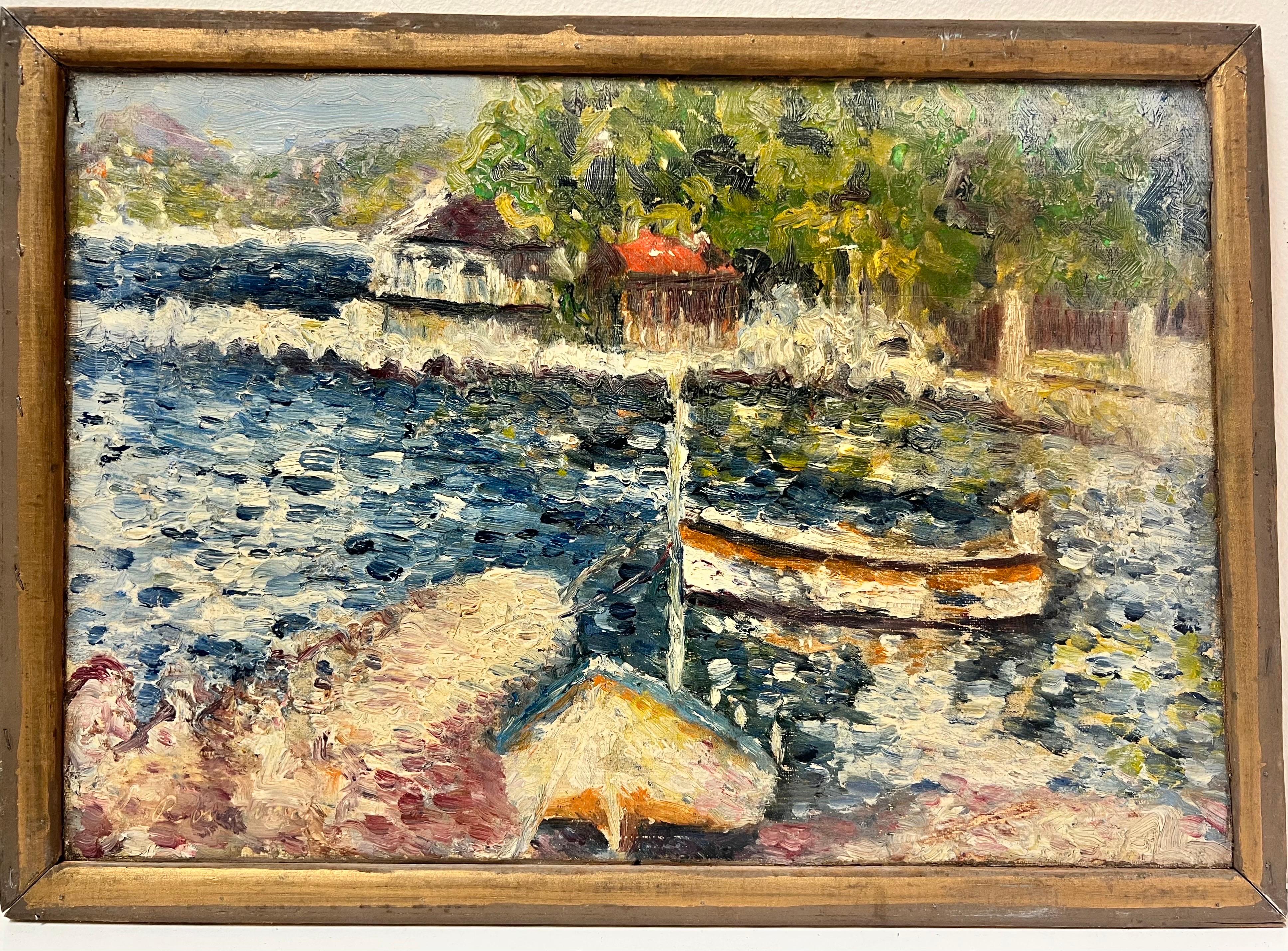 Boats in Harbor/ Villa in Landscape
French School, indistinctly signed
oil painting, framed
double sided
framed: 10.5 x 15 inches
canvas: 9.5 x 14 inches
provenance: private collection, France
condition: very good and sound condition - very fragile 