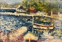 Antique 1900's French Impressionist Signed Oil Painting Boats in Harbour Double Sided