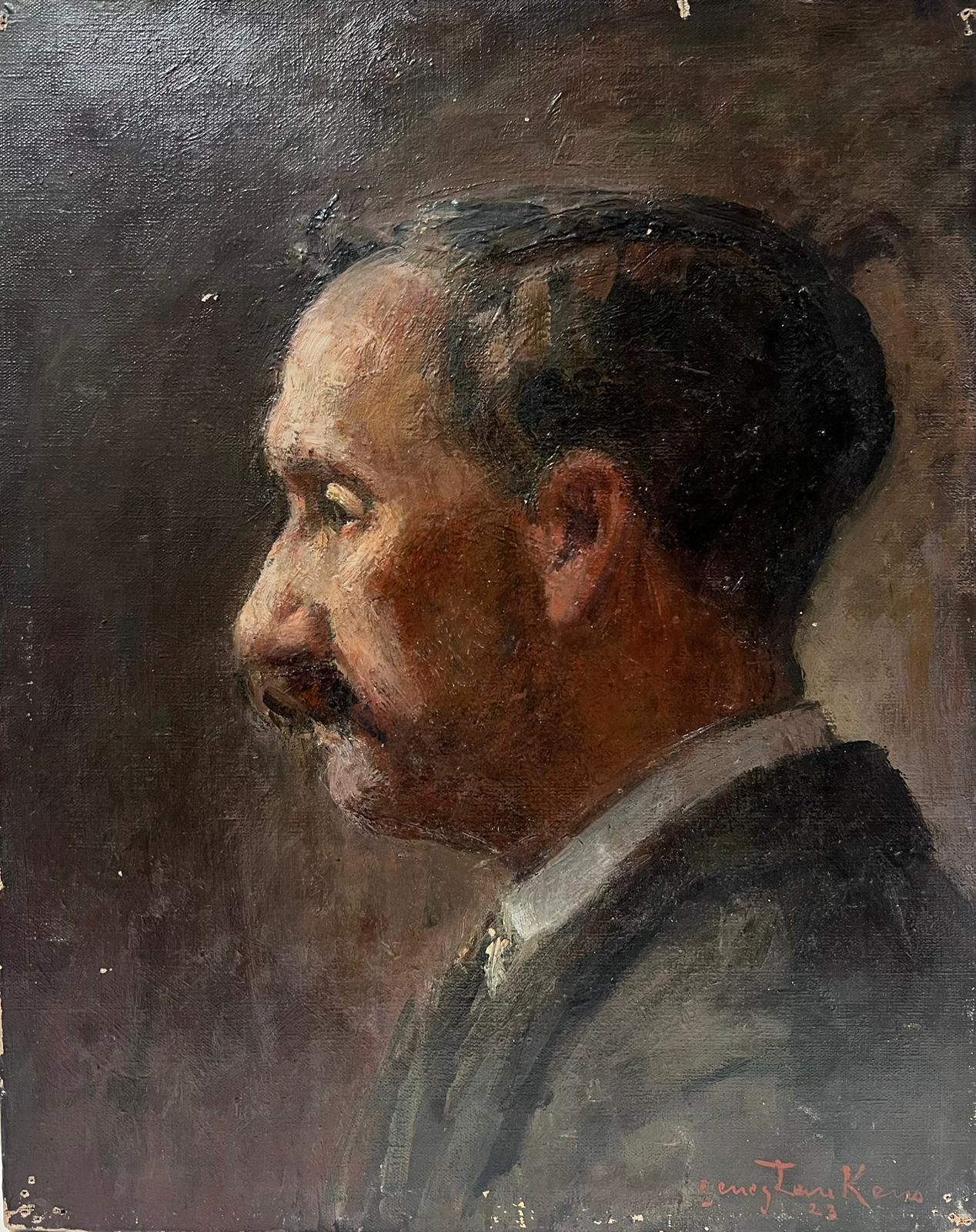 1920's French Portrait of Man with Moustache Signed & Dated Oil on Canvas